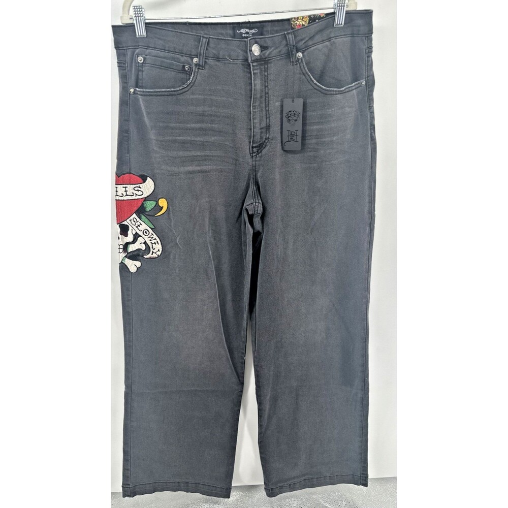 Ed Hardy Jeans Womens 34 Wide Leg Loose Jeans Black Love Kills Slowly Y2K Style